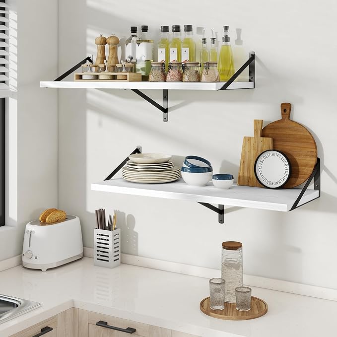 Floating Shelves, 12 Inch Deep Rustic Wood Wall Storage, 16W x 12D Wall Shelves Set of 2, Heavy Duty Metal Brackets, Large In