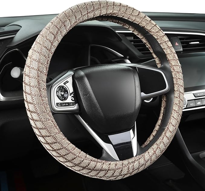 Auto Newer Breathable Steering Wheel Cover Suitable For Four Seasons，Anti-Slip Design，Odorless，Easy Carry Unviersal Fit for Truck SUV Sedans Vans，Interior Accessories Standard Size[14" 1/2-15"]（Beige）