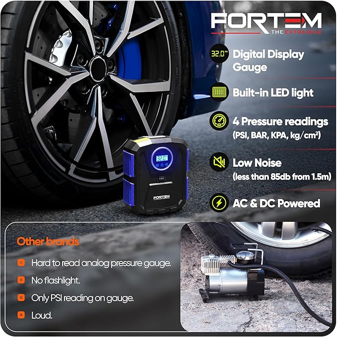 FORTEM Tire Inflator Portable Air Compressor, Air Pump for Car Tires and Bikes, Car Tire Pump w/Auto Shut Off, 150 PSI, 110V AC 12V DC, LED Light, Carrying Case, for Men, Women