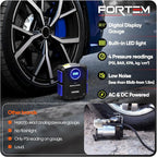 FORTEM Tire Inflator Portable Air Compressor, Air Pump for Car Tires and Bikes, Car Tire Pump w/Auto Shut Off, 150 PSI, 110V AC 12V DC, LED Light, Carrying Case, for Men, Women