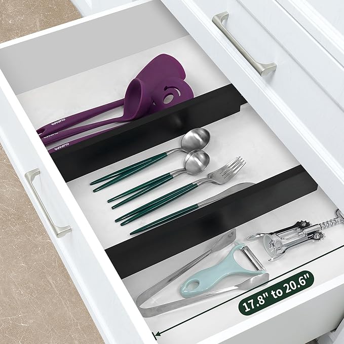 Utoplike 4 pcs Bamboo Kitchen Drawer Dividers Large, Adjustable Black Drawer Organizers, Spring Loaded, Works in Kitchen, Dre