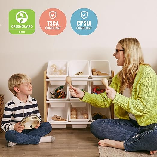 ECR4Kids 3-Tier Organizer with 9 Removable Plastic Bins, 3x3, Toy Storage, Dark Natural/White