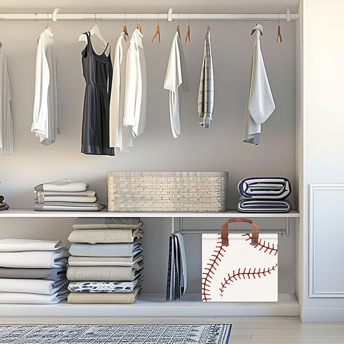 Baseball Decor Storage Basket Waterproof Canvas Toy Storage Bin Baseball Room Decor Collapsible Outdoor Basket with Leather H