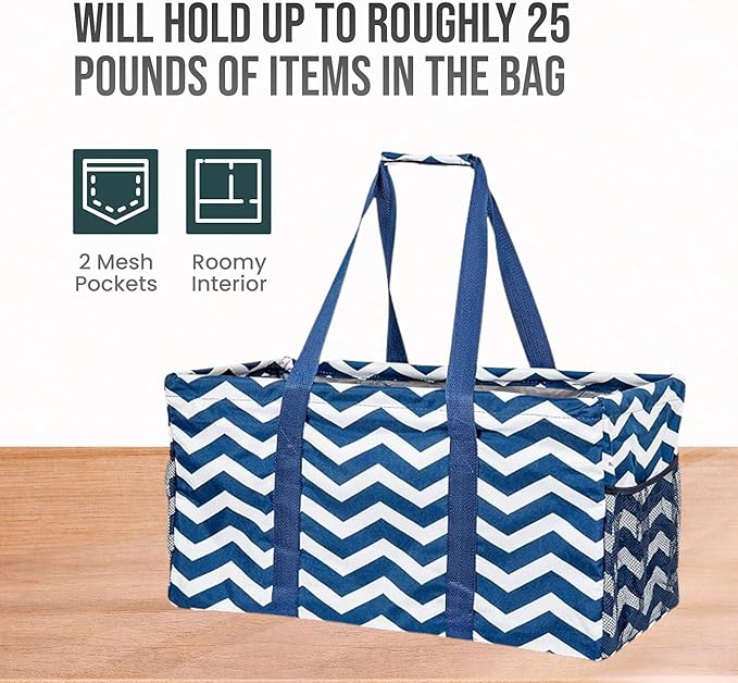 Extra Large Utility Tote Bag, Oversized Collapsible Reusable Wire Frame Rectangular Canvas Basket With Two Exterior Pockets For Beach, Pool, Laundry, Car Trunk, Storage - Chevron Navy