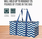 Extra Large Utility Tote Bag, Oversized Collapsible Reusable Wire Frame Rectangular Canvas Basket With Two Exterior Pockets For Beach, Pool, Laundry, Car Trunk, Storage - Chevron Navy
