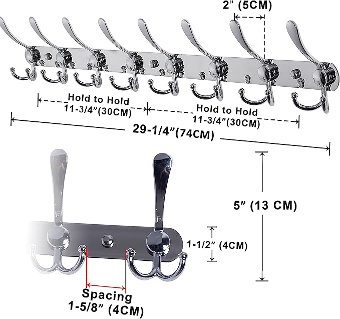 Dseap Coat Rack Wall Mount - 29.5” Long 8-Tri-Hooks Heavy Duty Coat Hanger Rail Wall Hooks for Hanging Coats Hats Clothing Cl