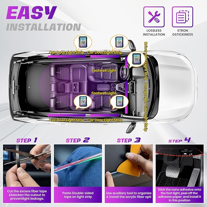 Acrylic Interior Car LED Strip Lights, Colorful 22-in-1 Car Ambient Lighting Kit, with APP Control, 622 LED Fiber Optic Strip Lights for Cars, Supports Neon Sync with Music DIY Mode.