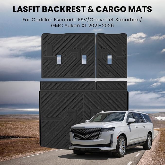 LASFIT Trunk Mat with Backrest Mat 2021-2026 for Chevrolet Chevy Suburban/GMC Yukon XL (Only Yukon XL, Not Fit Yukon)/Cadillac Escalade ESV (Only Escalade ESV, Not Fit Escalade)