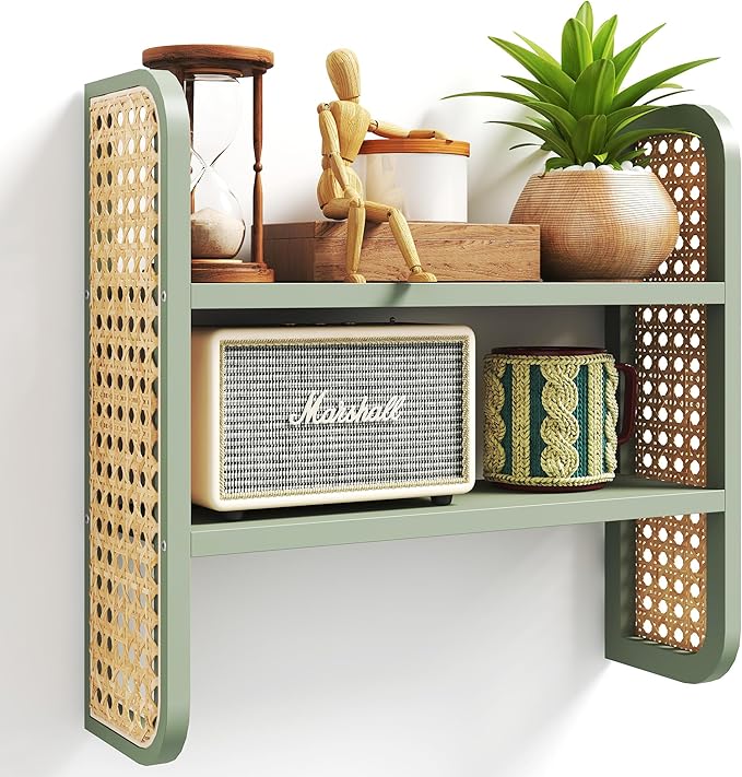 2-Tier Rattan Shelf, Green Rattan Bookshelf Wall Mounted, Handmade Woven Display Shelf, Decorative Boho Shelves for Entryway,