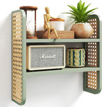 2-Tier Rattan Shelf, Green Rattan Bookshelf Wall Mounted, Handmade Woven Display Shelf, Decorative Boho Shelves for Entryway,