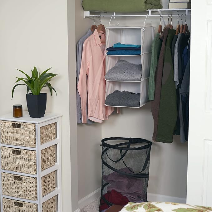 Household Essentials 311342 Hanging Closet Organizer | 3 Pocket Shelves | Natural Canvas