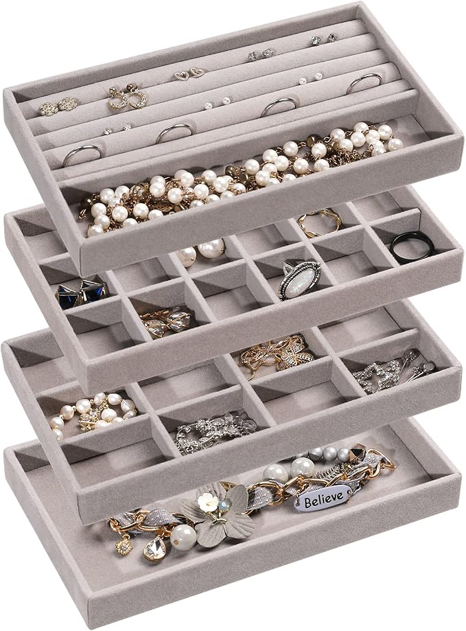 Frebeauty Jewelry Organizer Tray,Stackable Velvet Jewelry Trays,Drawer Inserts Earring Organizer For Women Jewelry Storage Di