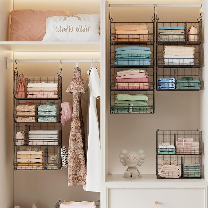 Jautokerdar 4 Tier Hanging Closet Organizer with Dividers,Extra Large Storage Hanging Shelf with 5 S Hooks 4 Dividers,Hang on