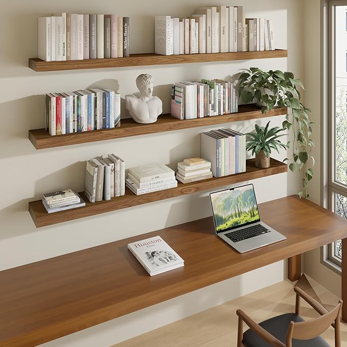 ROGMARS 60Inches Long Walnut Floating Shelves,Rustic Solid Wood Farmhouse Wall Shelves with Invisible Brackets for Bathroom, 