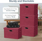 Graciadeco Large 17" 36 Quart Collapsible Stackable Storage Bins with Lids, 3 Packs Bright Red Linen Fabric Closet Boxes with