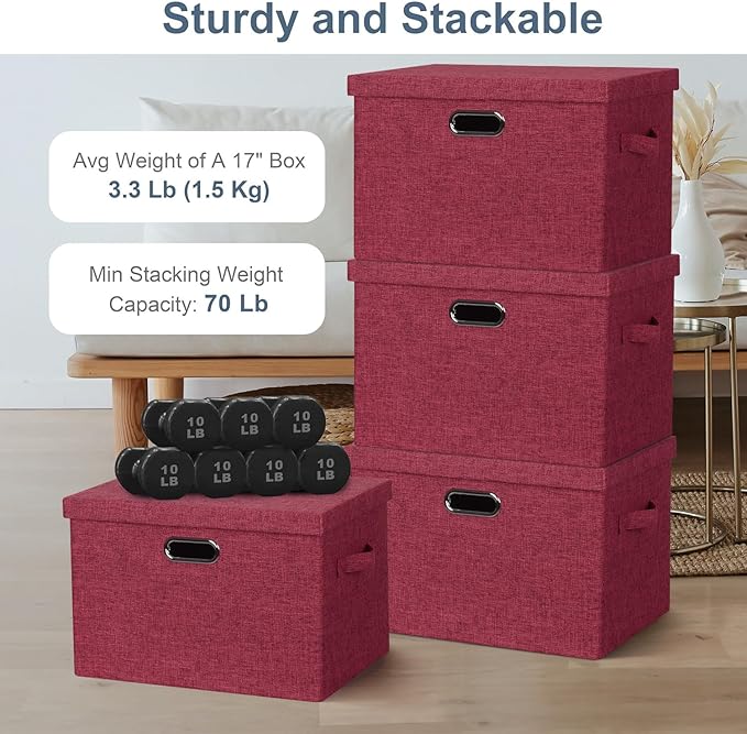 Graciadeco Large 17" 36 Quart Collapsible Stackable Storage Bins with Lids, 3 Packs Bright Red Linen Fabric Closet Boxes with