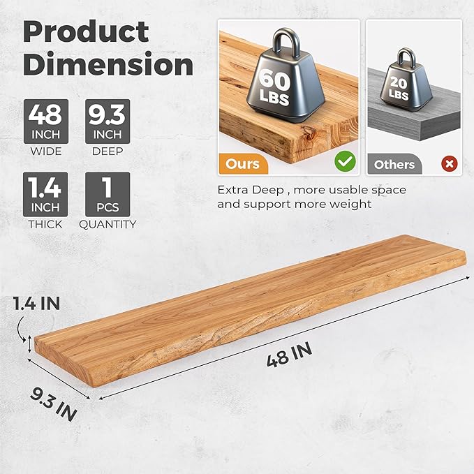 RICHFOCUS Live Edge Elm Floating Shelves - 48" W x 9.3" D Rustic Solid Wood Wall Shelves with Invisible Bracket, Wall-Mounted