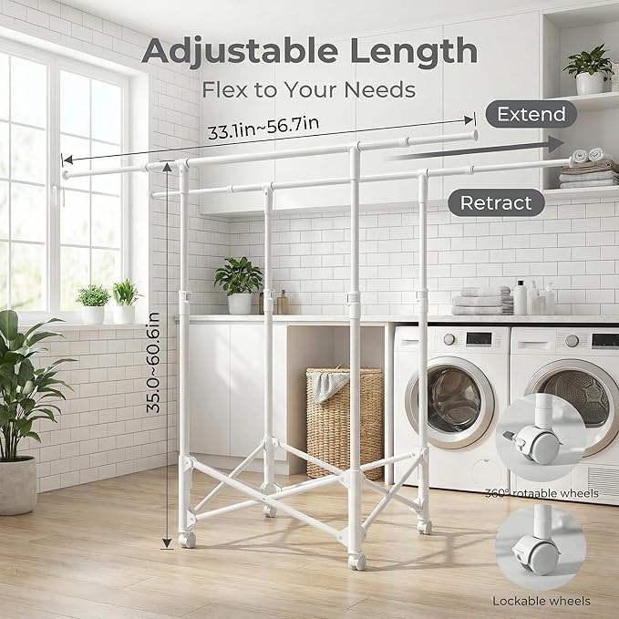 Clothes Drying Rack, Double Rod Extendable 33.1–56.7 Inches, No Assembly & Foldable Clothing Rack for Hanging Clothes with Wh