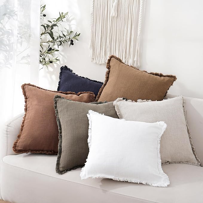 Foindtower Set of 2 Decorative Linen Fringe Throw Pillow Covers Cozy Boho Farmhouse Cushion Cover with Tassels Soft Accent Pi