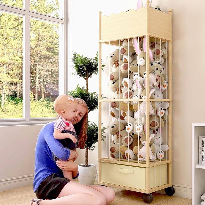 Wooden Stuffed Animal Storage Organizer with Wheels & Drawer – 3-Tier Plush Toy Zoo Holder for Kids Room, Nursery & Playroom 