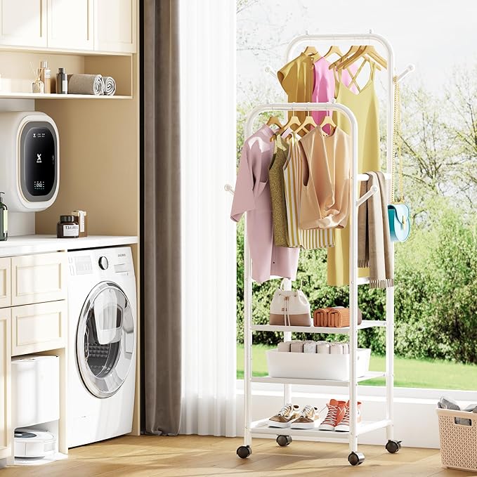 Furologee Portable Clothes Rack for Hanging Clothes, Rolling Clothing Rack With 3-Tier Shelves, Small Garment Rack with Wheel