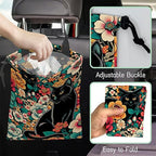 Black Cats Car Trash Bag,Tropical Flowers Hanging Drawstring Car Garbage Bag,Waterproof Canvas Car Back Seat Organizer with Adjustable Buckle,for Vehicles,SUVs,Camping,Road Trips