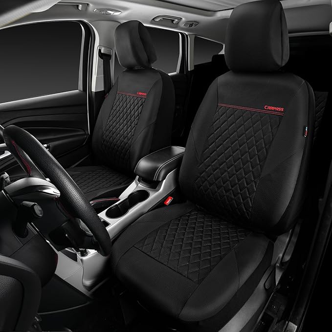 CAR PASS Quilting Leather Seat Cover Two Front Seats Only, Universal Fit Automotive Front Seat Covers Waterproof Deluxe PU Pr
