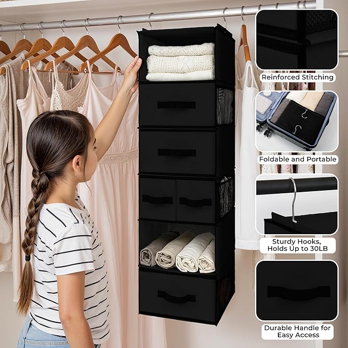 GRANNY SAYS Hanging Closet Organizer 6 Shelves, Closet Organization and Storage with 5 Different Drawers, 6 Side Pockets Ward