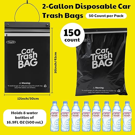 150 Bags Tidyphil Hanging Car Trash Bags Disposable, Leak-proof, Odor Seal. 2 Gallon Car Garbage Bags. Alternative to Car Trash Can, Easy Stick-On Car Garbage Can for Car,SUV,Truck, Vehicle, Stroller.