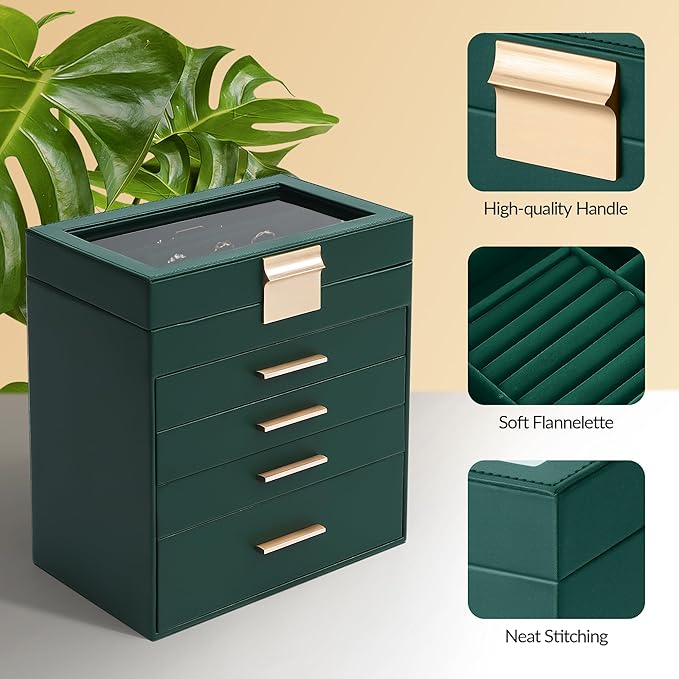 Somduy Jewelry Box, 5 Layers Jewelry Storage Display Box with Glass Lid for Women, 4 Drawers,Large Capacity for Necklace Earr