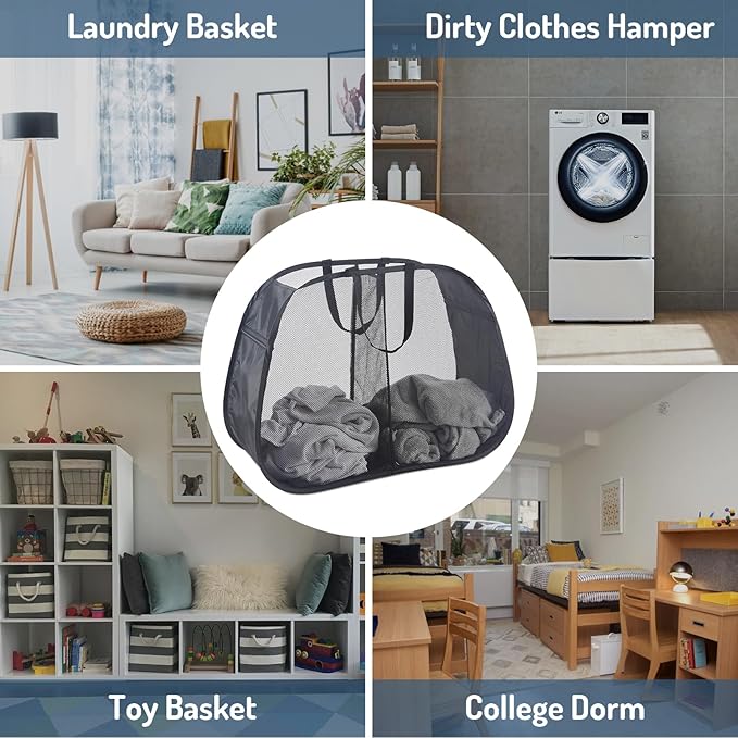 Seiritex Mesh Popup Laundry Hamper 2 Compartment, Collapsible Laundry Sorter Basket Foldable Hamper for Clothes, College Dorm