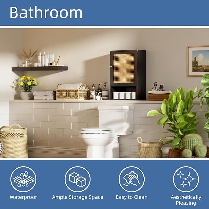 HITNET Wall Cabinet, Rattan Medicine Cabinet Over the Toilet with Adjustable Shelf, Space Saving Bathroom Hanging Storage for