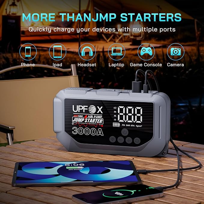 3000A Jump Starter with Air Compressor 12V, 44.4Wh Portable Car Jump Starter for 8.0L Gas & 6.0L Diesel Engines, 150PSI Tire