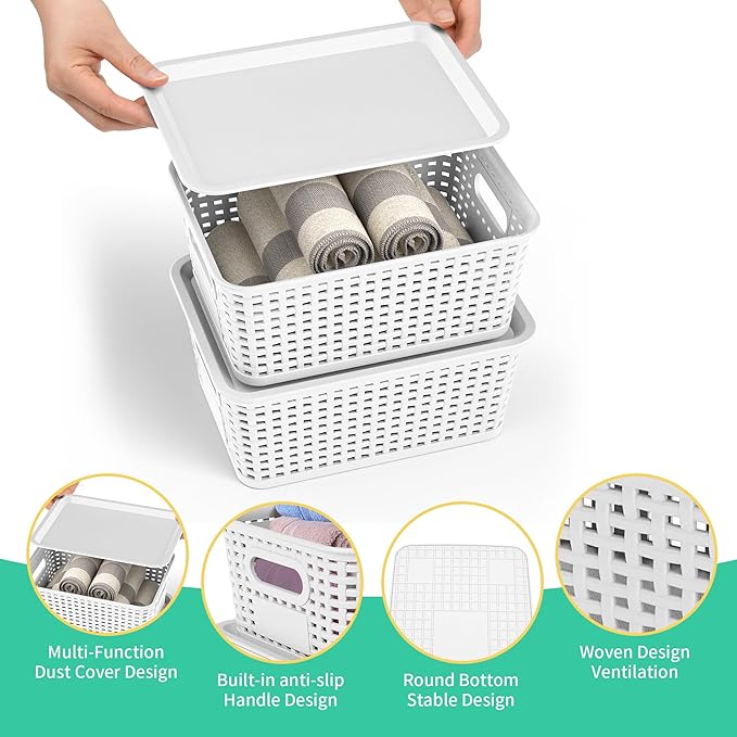 8-Pack White Plastic Storage Baskets with Lids, Label Organizers, Stackable Organizer Containers: For Organizing Shelves, Dra