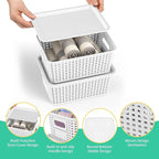 8-Pack White Plastic Storage Baskets with Lids, Label Organizers, Stackable Organizer Containers: For Organizing Shelves, Dra