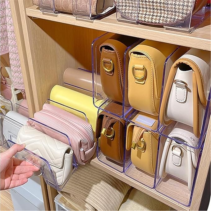 YAGELI Clear Acrylic Purse Organizer for Closet, 3-4 Section Desk File Sorter, 2.95" Wide Slots for Clutches, Handbags, Binde