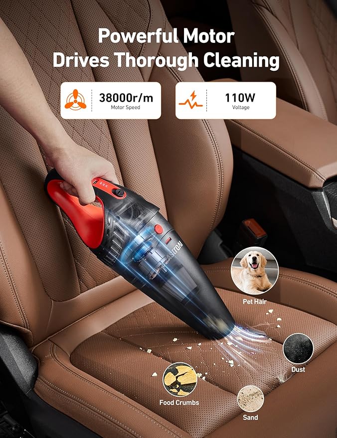 AstroAI Handheld Car Vacuum Cordless with Accessories, Portable Vacuum Cleaner with 12V DC Power, LED Light, Brush, Extended 