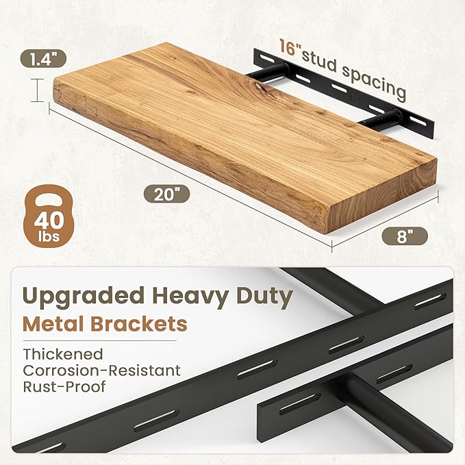 Fun Memories Floating Shelves for Wall Decor Set of 2-20 Inch Solid Elm Wood Live Edge - Rustic Natural Wall Shelves with Inv