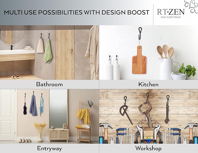 RTZEN Wall Mount Hook Set - Wrought Iron Decorative Rustic Metal Coat Hooks for Hanging - Handcrafted Classic Farmhouse Wall 