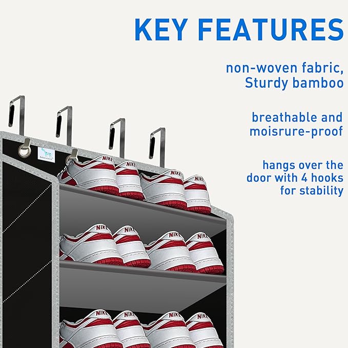 Heavy-Duty, Over The Door Shoe Organizer, Extra Large 10 Tiers, Over Door Shoe Organizer, Coated Hooks Grip Firmly Without Sc