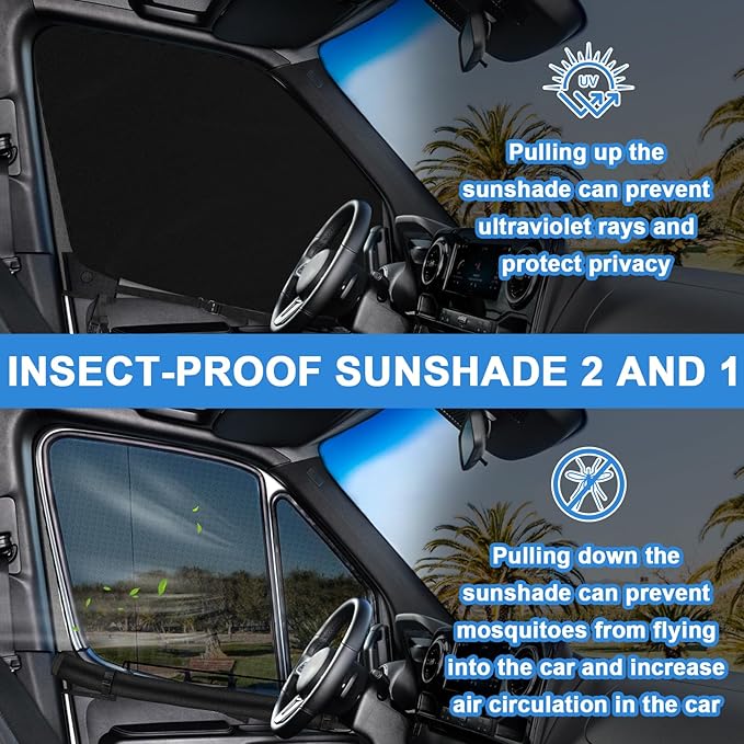 Double Layers Side Window Sunshade Magnetic Bug Screen for Front Doors, Pair Window Bug Screen & Sunshade Curtain Compatible with Mercedes Sprinter 2007-2025