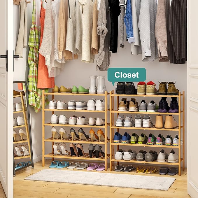 viewcare 5-Tier Bamboo Shoe Rack for Entryway, Stackable | Foldable | Natural, Shoe Organizer for Hallway Closet, Standing Sh