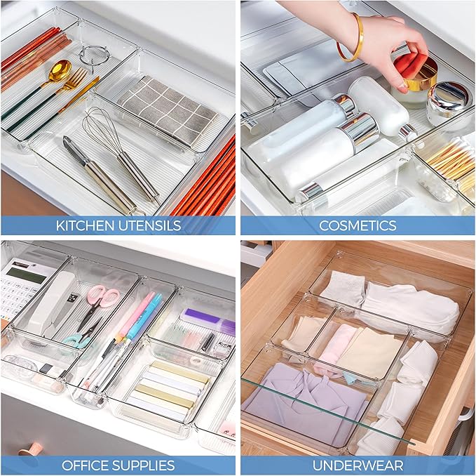 Ravinte 6 Pack Drawer Organizer - 3" X 6" Plastic Storage Bins, Acrylic Organizers with Non-Slip Pads Clear Desk Storage Tray