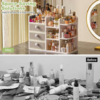 Large Makeup Organizer Countertop With Brush Holder Drawer For Vanity,Bamboo Bathroom Counter Organizers And Storage,Cosmetic