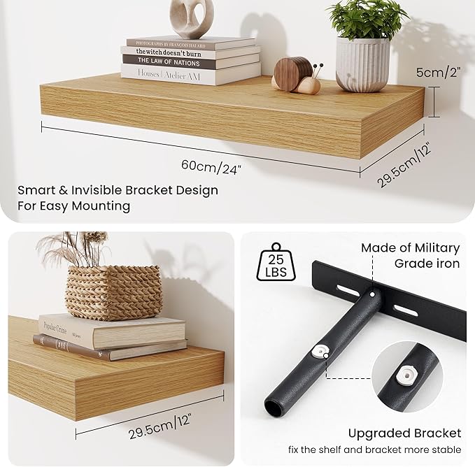Fun Memories 24 Inch Floating Shelves Wall-Mounted, 12 Inch Deep Wall Shelves, 24 x 12 Floating Shelf, Deep Storage Shelf for