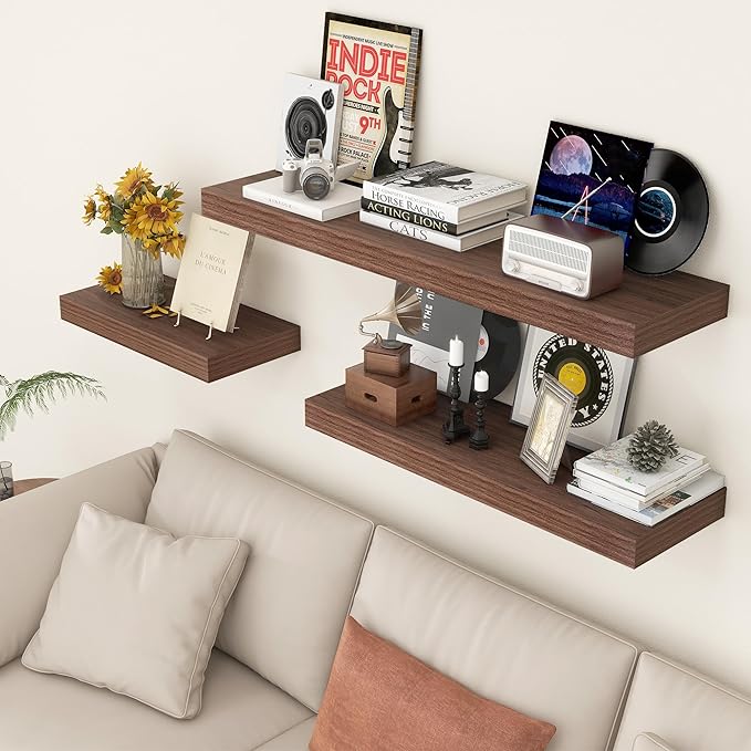 Deep Floating Shelves | 36 Inch Walnut Floating Shelves Set of 2 | 12 Inch Deep Rustic Wood Shelves for Wall | 36" W x 12" D 