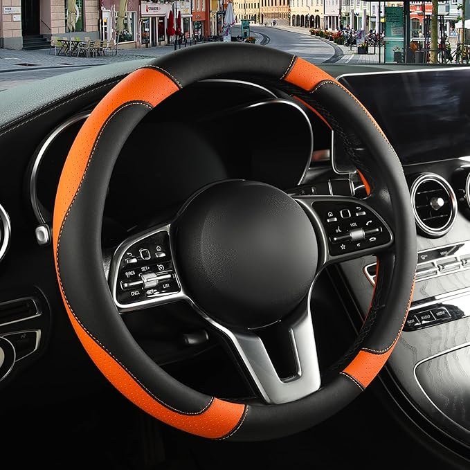 Microfiber Leather Steering Wheel Cover Large for Ford F150 F250 F350 RAM 4Runner Tacoma Tundra Range Rover Model X Model S, 