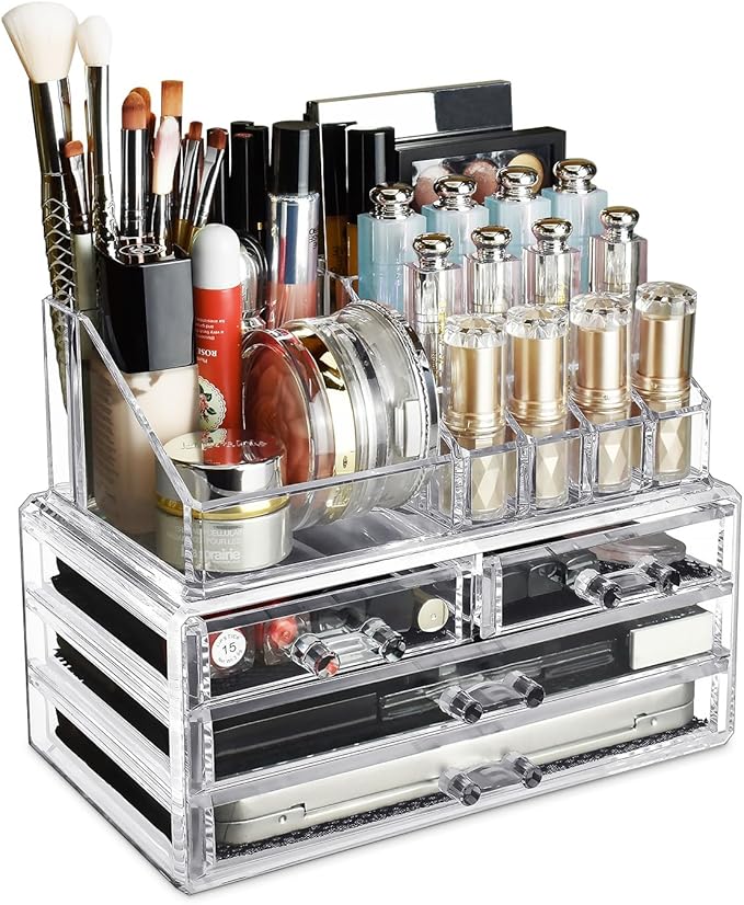 Ikee Design Acrylic Makeup Organizer with 4 Drawers and Removable Top Lipstick Holders, Ideal for Make-up or Accessories,Enha
