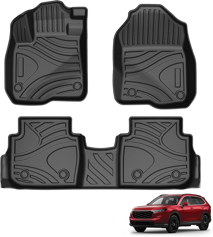Powerty Floor Mats for Honda CR-V 2023 2024 2025 2026 (Include Hybrid) Accessories All Weather Car Floor Mats, 3D TPE Anti-Slip Liners for Car, 1st & 2nd Row Black