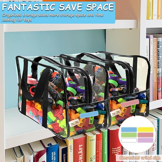 6 Packs XXL Toy Storage Bags 16.5×11.8×6.8In with Labels, Large Capacity Reusable Clear PVC Board Game Storage, Travel Waterp